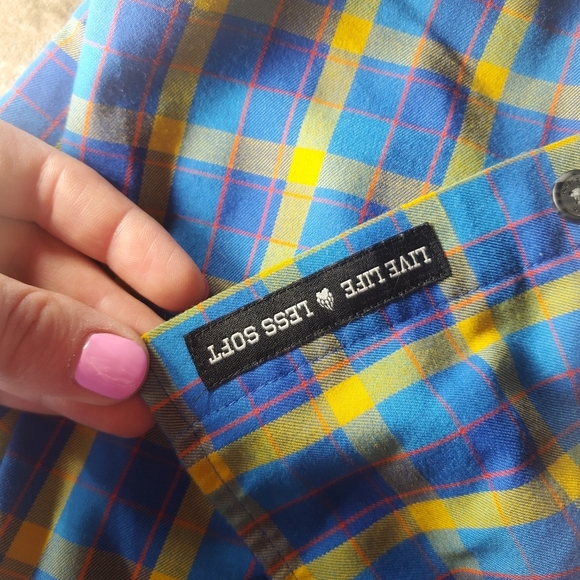 Duluth Trading Company Alaskan Hardgear Midnight Sun Shirt Blue Aster Plaid NWOT - Picture 6 of 16